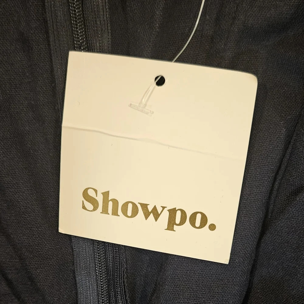 Showpo Cross Your Mind Wide Leg Linen Blend Jumpsuit Ruffles Navy Blue Size 6 - Picture 3 of 7